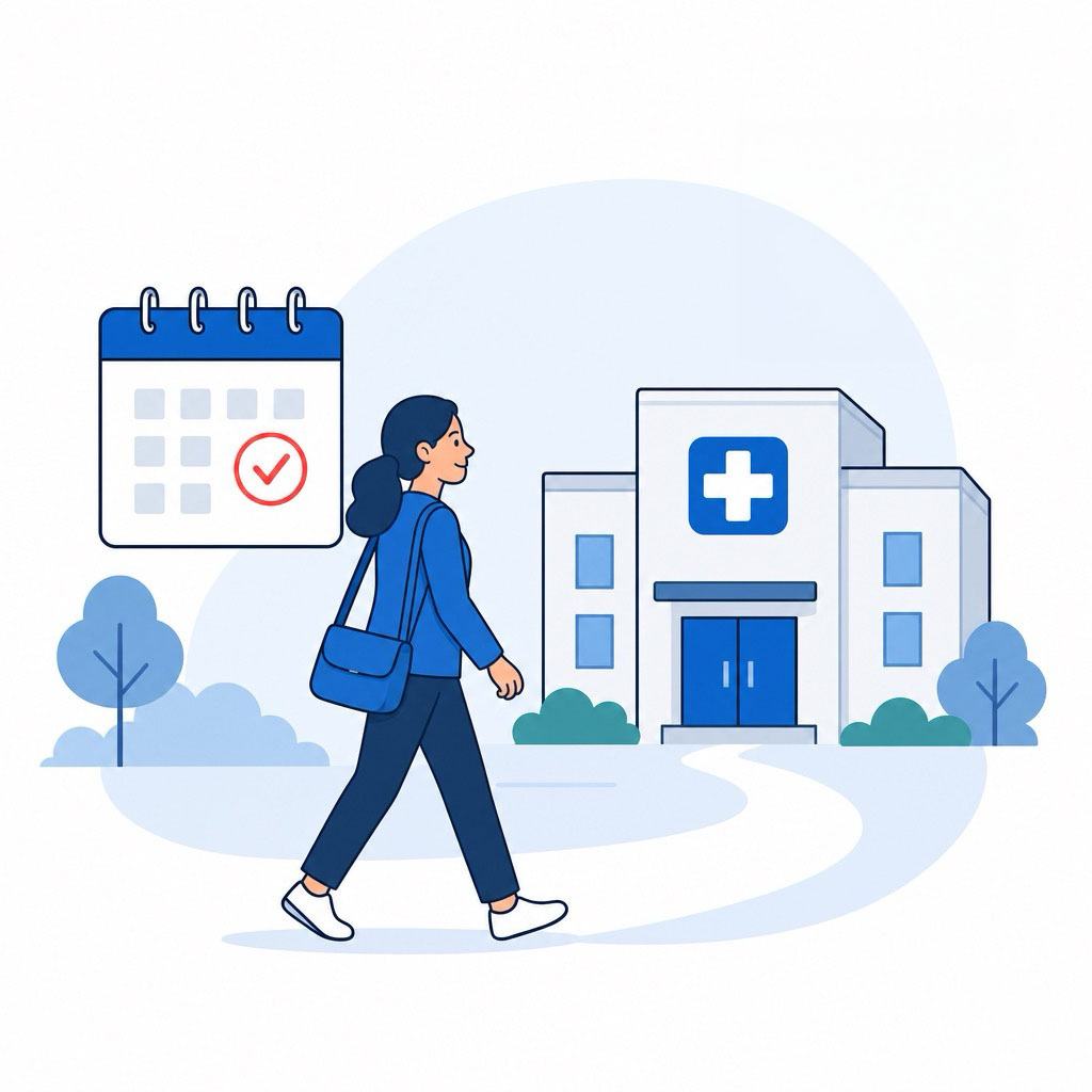 Patient walking into medical building.